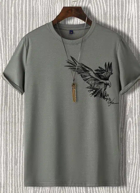 High quality Round Neck Printed T-shirt for Men (Grey, M)